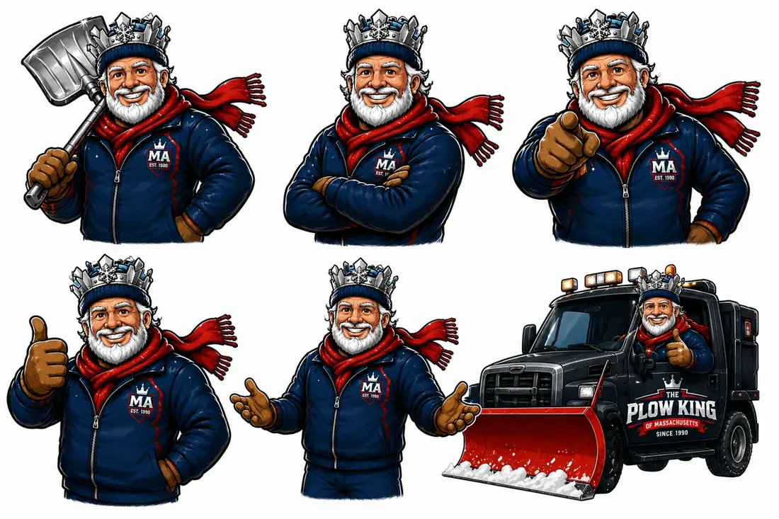Character sheet for the Plow King mascot: six poses of a bearded king in a navy jacket, ice crown and red scarf, plus a plow truck application
