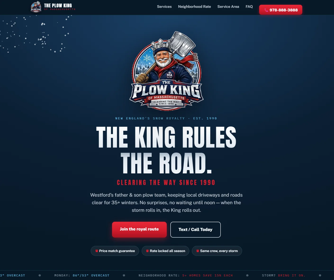 The Plow King of Massachusetts homepage: dark navy hero, mascot crest and a red call to action