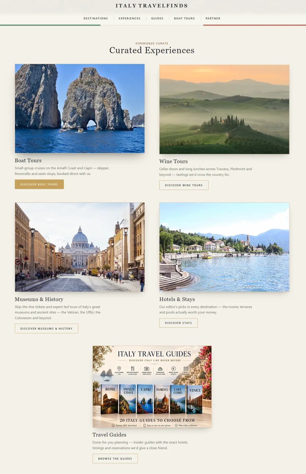 Italy Travel Finds curated experiences page: boat tours, wine tours, museums and hotels, plus the guide catalogue