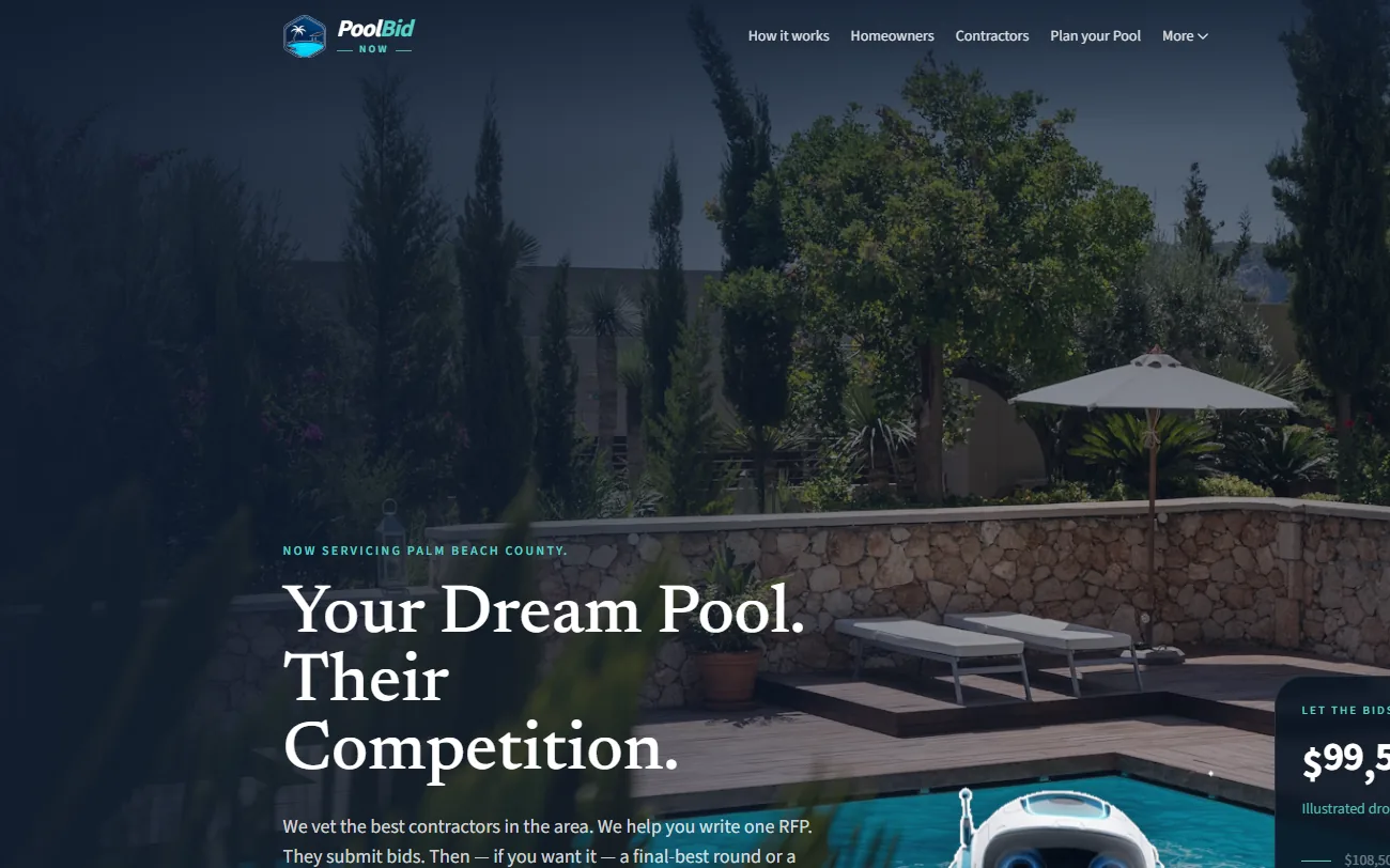 PoolBid homepage: Your Dream Pool. Their Competition.