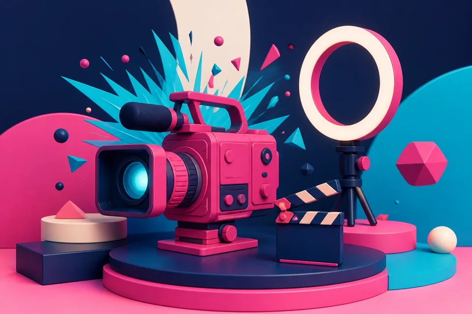 Small content studio with camera, lights, and a styled set