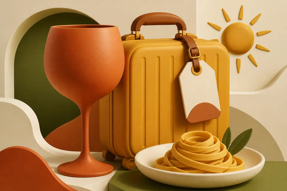 Sunlit trattoria table set for two by an open window