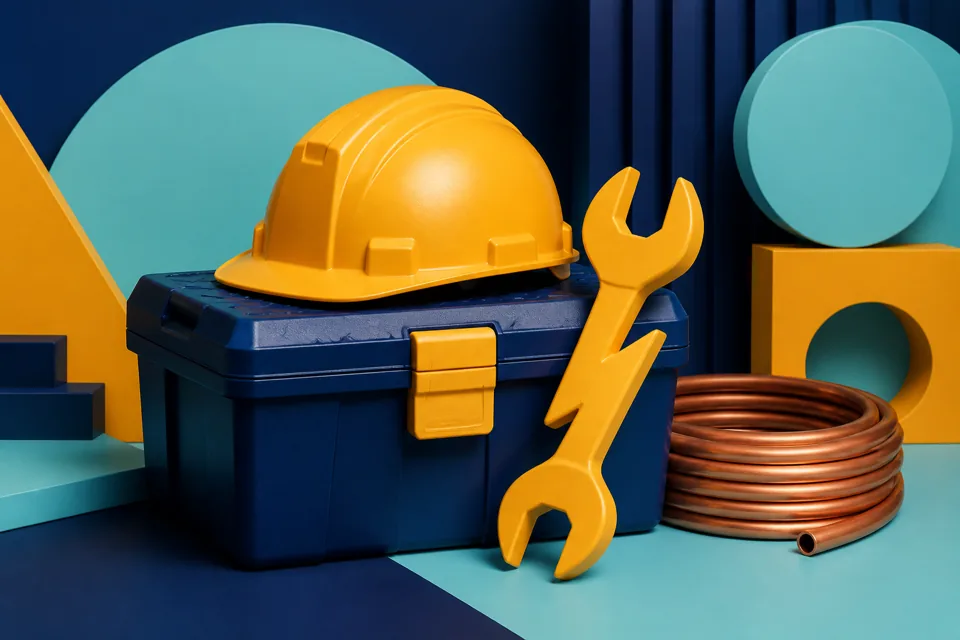 Residential electrical panel and trade tools on a workbench